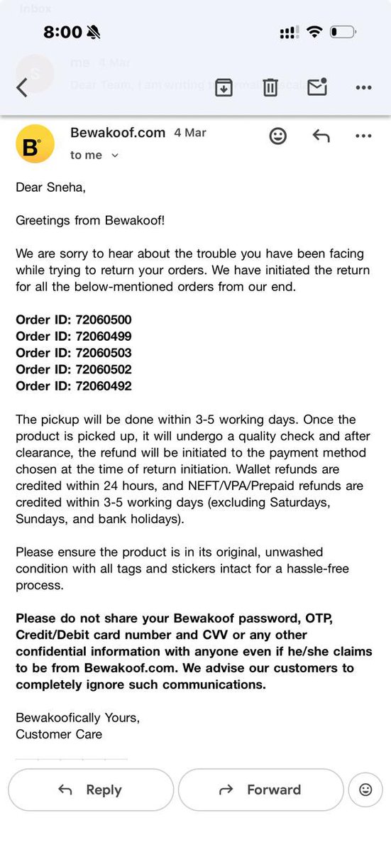 varghesevts's tweet photo. Very disappointed with @Bewakoof. Ordered items in two sizes to keep the correct fit and return the other, but the app shows an error for returns. Followed up with support for 3 weeks.

Now told my pincode isn’t serviceable for pickup. Then why deliver?

Ticket ID: 3417309 https://t.co/qXiJCinmqi