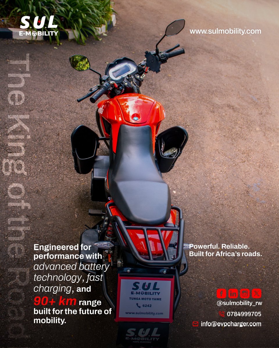 Gorilla 2.0 — built for performance and designed for the future of mobility. 🏍⚡

With advanced battery technology, fast charging capability, and long-range performance, it delivers reliable electric power for Africa’s roads.

#sulmobility #sulemobility #sulrw #evs