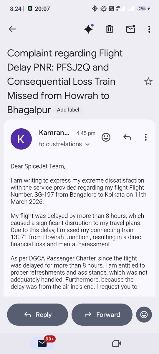 only4crypyto1's tweet photo. Dear SpiceJet Team,
I am writing to express my extreme dissatisfaction with the service provided regarding my flight Flight Number, SG-197 from Bangalore to Kolkata on 11th March 2026.
My flight was delayed by more than 8 hours, @_flyspicejet_1
@flyspicejet 
My PNR number PFSJ2Q https://t.co/LrREeSw0Tl