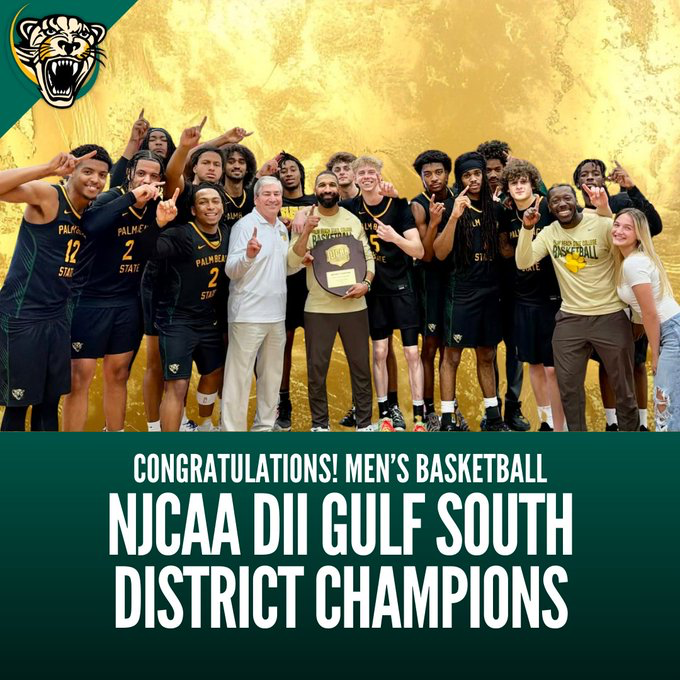 PBStateCollege's tweet photo. ON TO NATIONALS! 

@PBSCPanthers men’s basketball wins the @NJCAA DII Gulf South District title with a 64-59 victory over Coastal Alabama North.

The No. 1-ranked Panthers (32-1) advance to the NJCAA DII national tournament March 16-21 in Danville, IL.

#MyPBSC | #PantherProud https://t.co/qin7bxnzFO