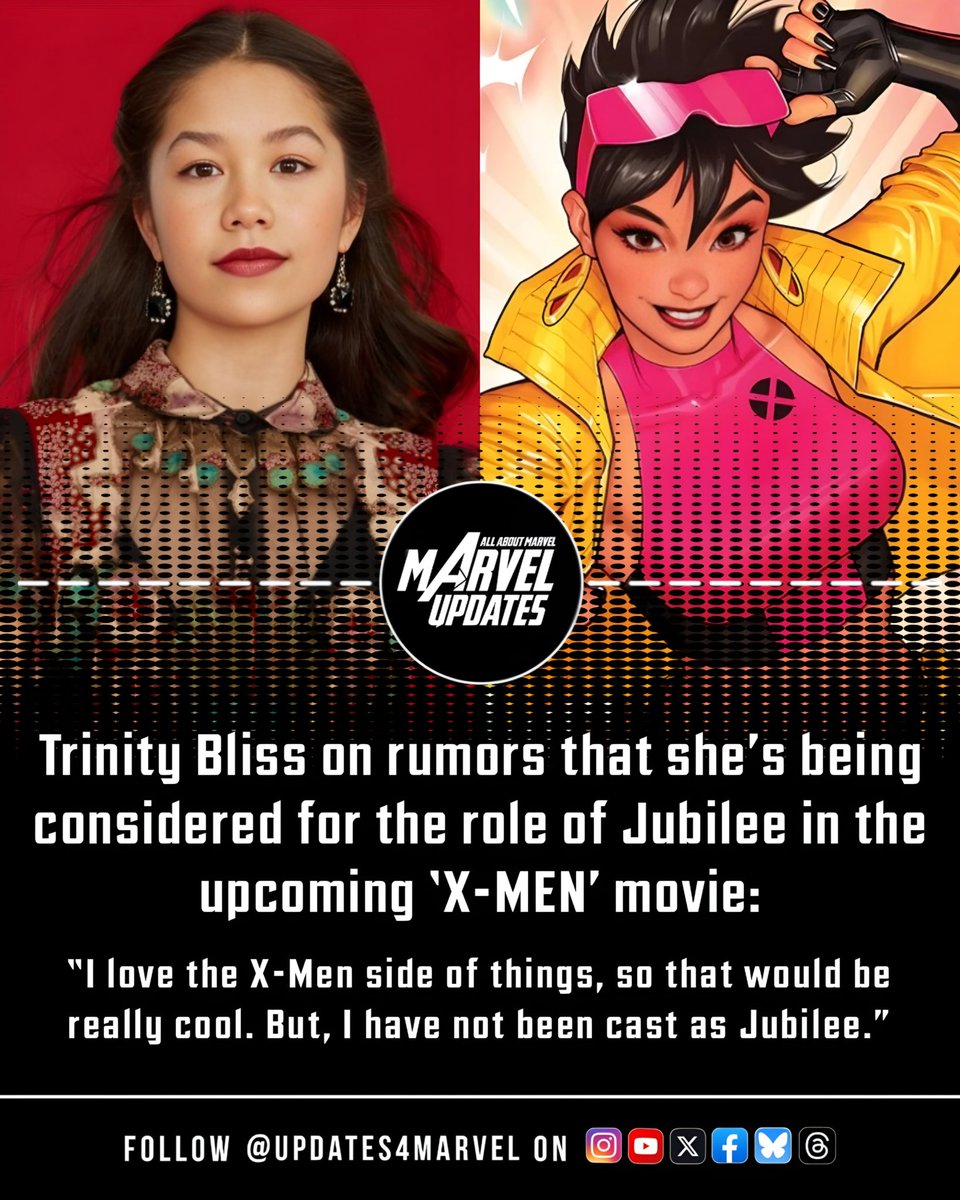 Updates4Marvel's tweet image. Trinity Bliss addresses rumors about playing Jubilee in the upcoming X-Men movie:

“I love the X-Men side of things, so that would be really cool. But I have not been cast as Jubilee.”

#XMen #Marvel #Jubilee #TrinityBliss