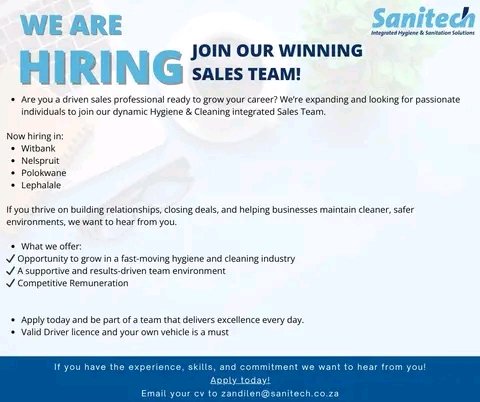 NthabelengDlam3's tweet photo. We're Hiring!
#sanitech #sanitation #health #dignity #safety #hygiene #applynow #newjob #salesjob #jobsearch #jobsinsales #hygieneindustry #cleaningservicesindustry #hygienejobs #integratedsalesteam #witbank #nelspruit #lephalale #polokwane #southafrica https://t.co/by3GGHy8ST