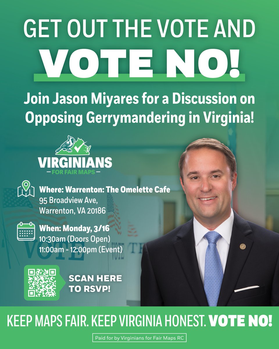 JasonMiyaresVA's tweet photo. As Co-Chair of @VA_forFairMaps, I am all-in to stop this unfair and undemocratic attempt to redraw our Congressional maps and silence millions of people.  In 2020, Virginians made it clear they didn’t want career politicians drawing districts for their friends and allies. We must vote NO to stop this partisan power grab.

I will be holding a grassroots event in Warrenton on Monday (3/16) to rally Virginians to VOTE NO on April 21st and to oppose this amendment. I hope you will RSVP and join me.
