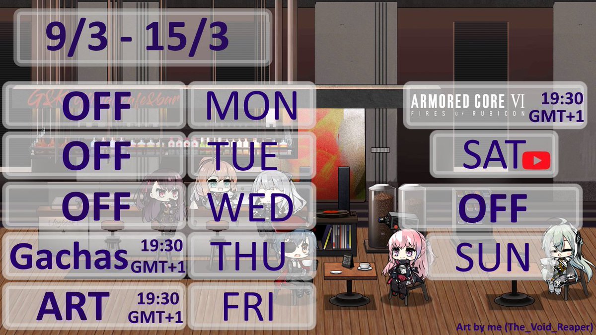 This week's schedule, same as before:

#VoidOnAir
#Arknights #明日方舟
#GirlsFrontline2Exilium #GFL2 
#ARMOREDCOREVI #PokemonLegendsZA 
#Vtuber #ENVtuber #ENVtubers #smallstreamer