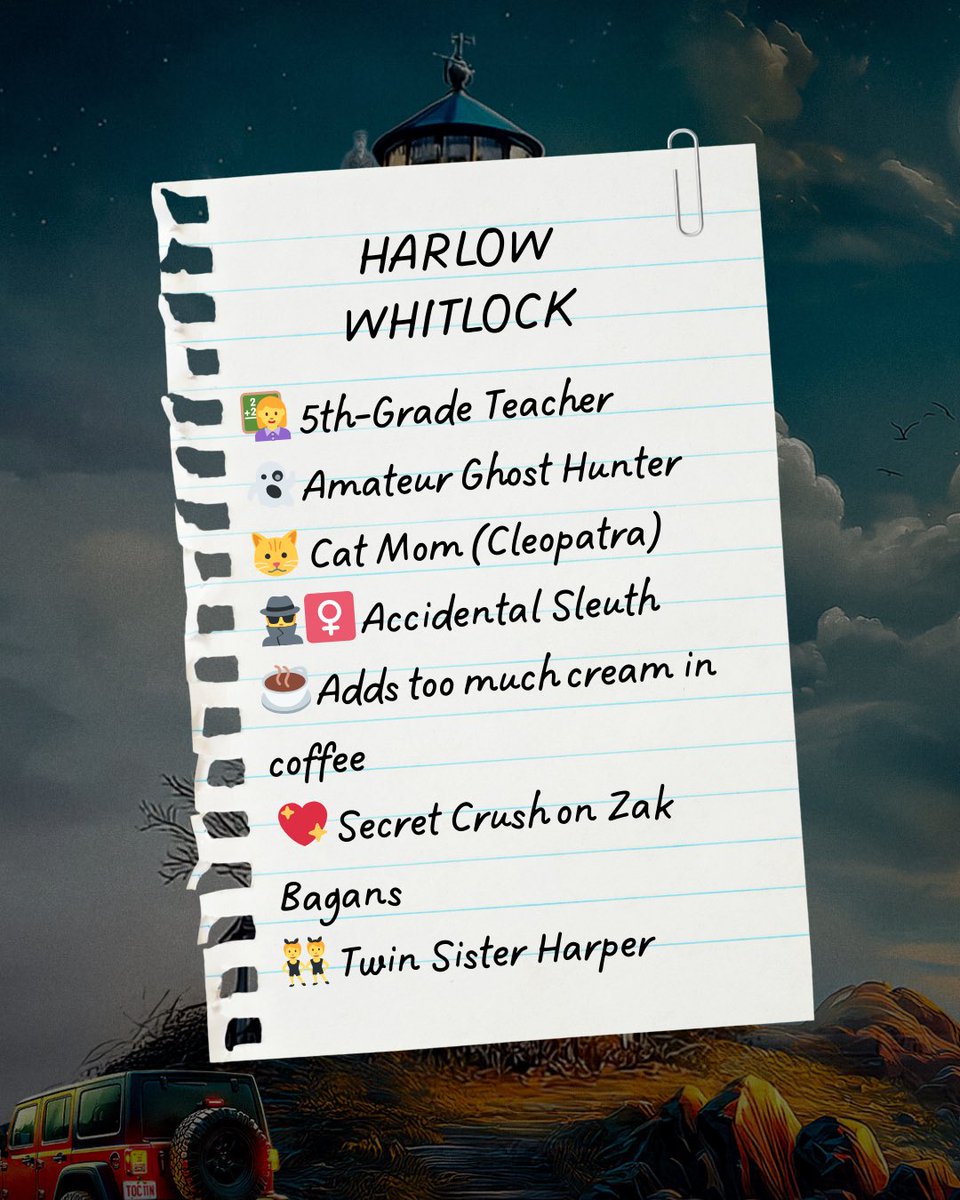 cozyrobinsteph's tweet photo. Meet Harlow Whitlock 👻
Fifth grade teacher by day, amateur ghost hunter by night in the coastal town of Saltcliff.

She’s the first character from Out Like a Lighthouse, book one in the Cape Cod Spirit Society Mystery series. Stay tuned for more character intros! 📚👻 https://t.co/VMKMea6qdN