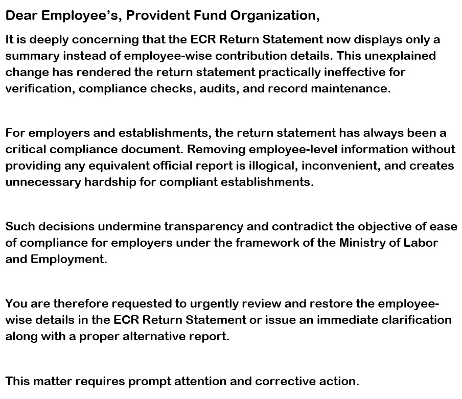 GaurCS24's tweet photo. Immediate review required – removal of employee-wise details from ECR Return Statement #EPFO
#LabourMinistry #EaseOfDoingBusiness #PayrollCompliance #EmployerIssues
@officialepfo 
@LabourMinistry 
@mansukhmandviya 
@PMOIndia 
@FinMinIndia 
@cpgrams https://t.co/9VxbffK6gE