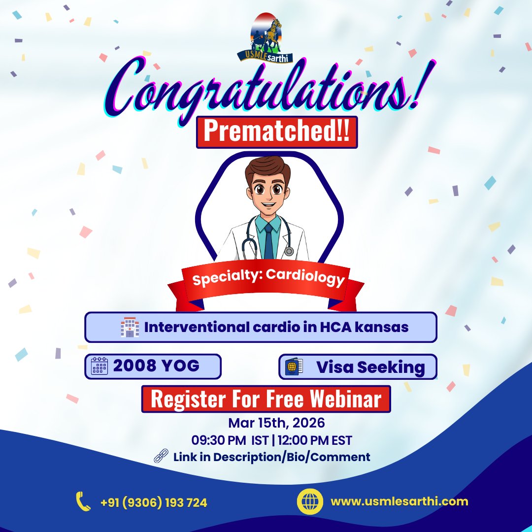 usmlesarthi's tweet photo. Huge congratulations to our candidate on matching in Cardiology at HCA Kansas! 🏥

Profile:
✅ YOG: 2008 (Incredible persistence!) 
✅ Visa Seeking

👩‍⚕️Ready for your own success story? Join our FREE webinar: https://t.co/YHBX3JyYGV 

#InternalMedicine #Prematch https://t.co/L2wTcvZutn