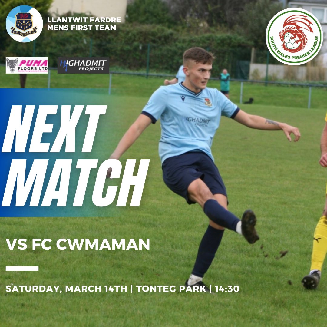FFardre's tweet photo. We’re back on home soil this weekend as we look to get our 3rd win on the bounce🔵

🏆Highadmits Projects South Wales Premier
⏰ 14:30
🆚@FCCwmaman 
🏟️Tonteg Park
📍CF38 1PW
💷£3 entry (under 16’s are free)

#VivaLaFardre #LlantwitFardreFC https://t.co/G7n9ya7TGt