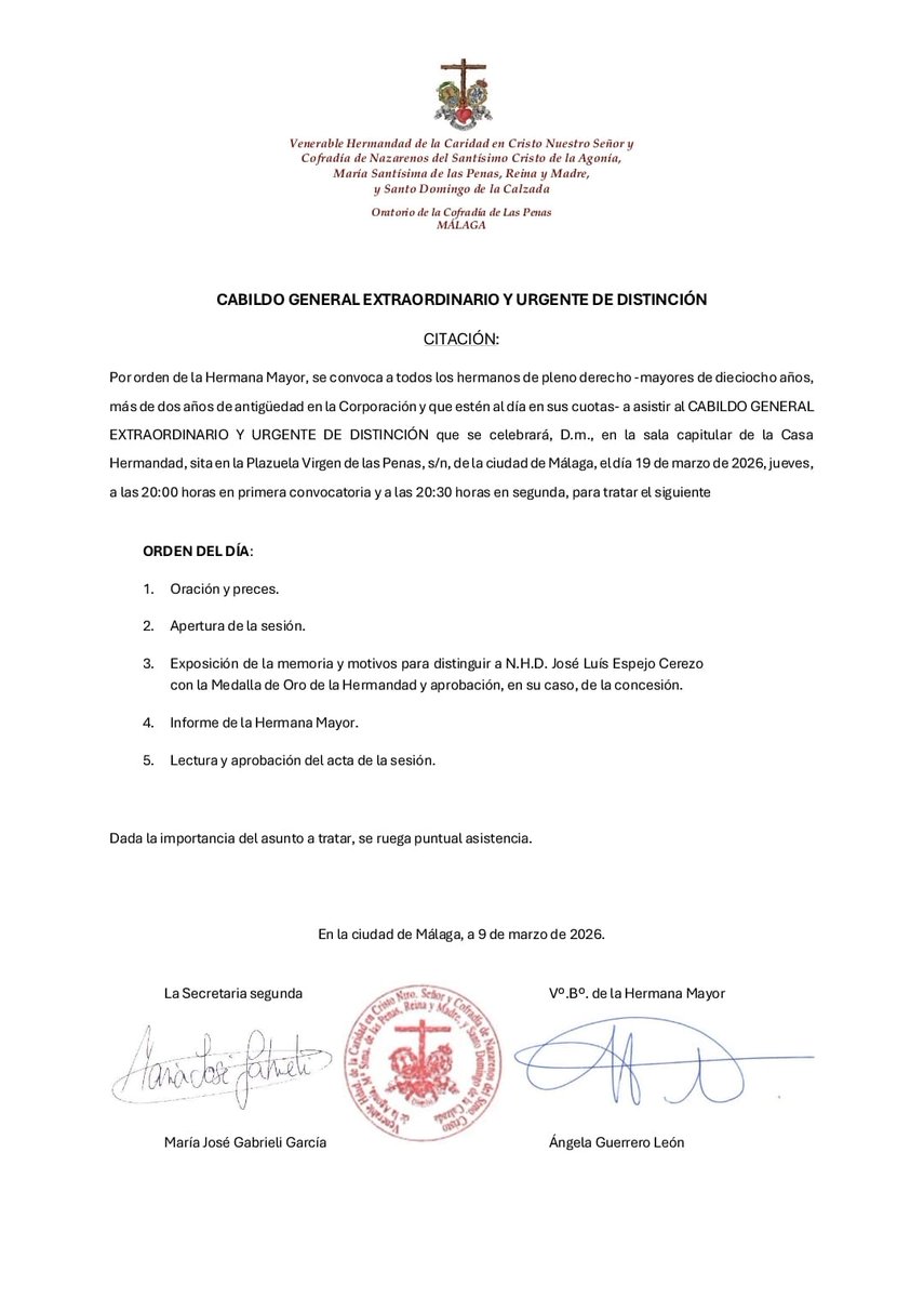 HdadLasPenas's tweet photo. 🔴 Citación a Cabildo Extraordinario y Urgente de Distinción.

🗓 Jueves, 19 de marzo.
🕗 20.00 horas en primera convocatoria y a las 20.30 horas en segunda.
📍Casa Hermandad, sala capitular (2° planta).

Rogamos tu asistencia.

#LasPenas #CofradíasMLG https://t.co/Hm9eXyLuFX