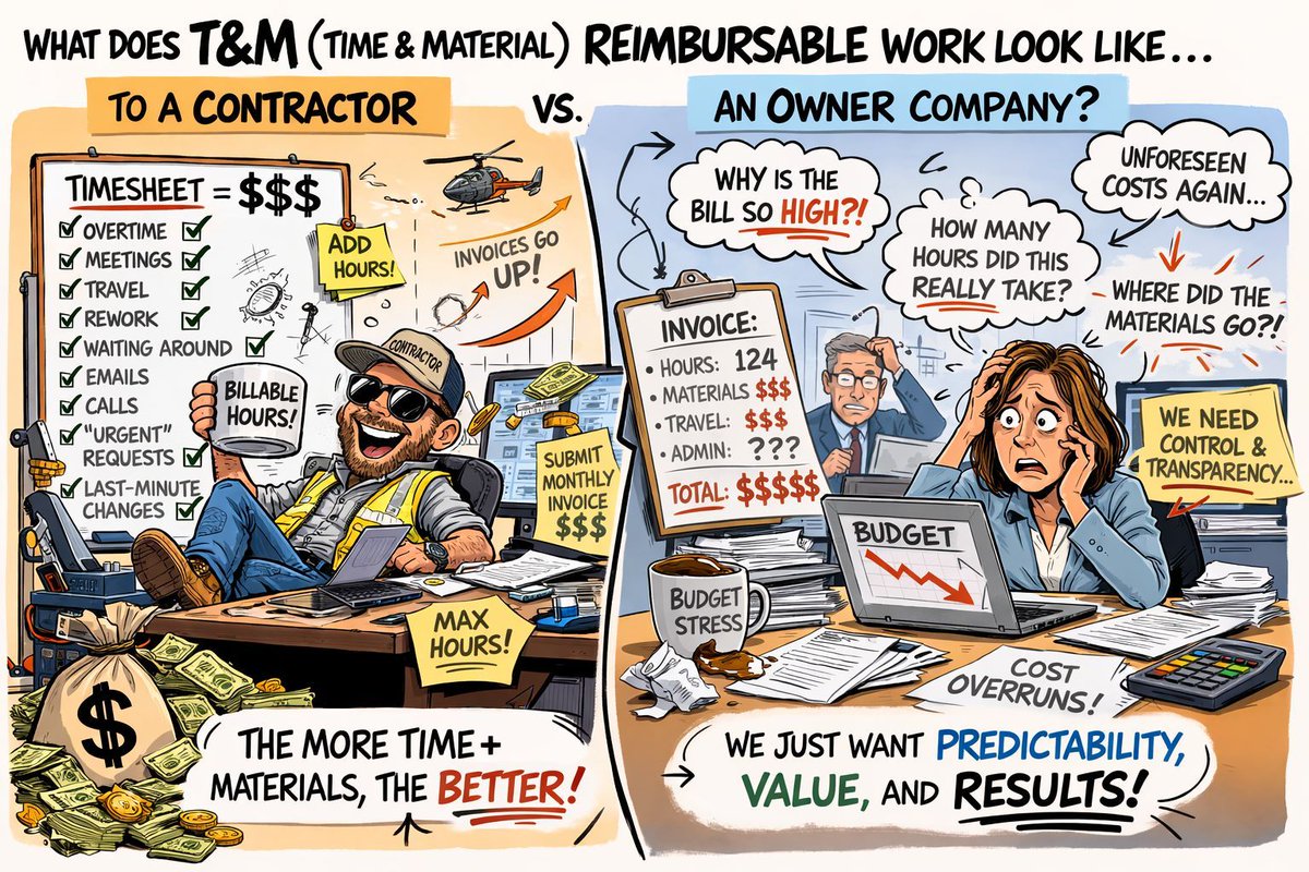 AdvancedCPM's tweet photo. One thing I’ve noticed after years in EPC projects:

Time &amp; Materials contracts often create two completely different perceptions of reality.

Neither side is necessarily wrong… but the gap in perception is real.

Which cartoon captures your experience better? https://t.co/Tl5kPWo7iH