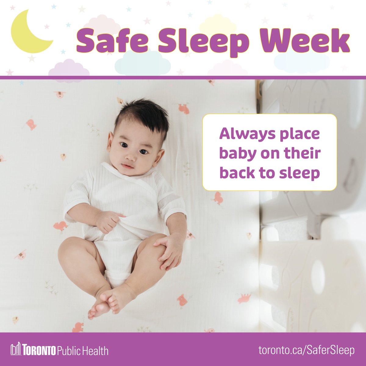 TOPublicHealth's tweet photo. Baby is safest when they sleep on their back in a crib, cradle or bassinet – every nap &amp; every night.

Keep their space free of blankets, toys, pillows &amp; bumper pads.

Get more safe sleep tips at https://t.co/CP1jSEHayT

@RNAO #SafeSleep #SafeSleepWeek2026 #TPHBPSO #BPSO #RNAO https://t.co/wOzb6SEJs0