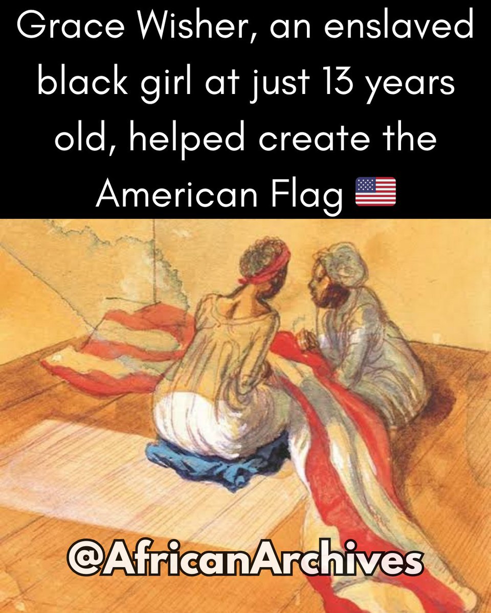 AfricanArchives's tweet photo. Grace Wisher, an enslaved black girl at just 13 years old, helped create the American flag which inspired the national anthem. She is often overlooked in the storytelling of the nation’s most prominent visual emblem. 

Two hundred years ago, a Black American girl made history—literally. She was an indentured servant named Grace Wisher in the household of Mary Pickersgill. Helen Yuen and Ms. Asantewa Boakyewa of the Reginald F. Lewis Museum share her story.

The likeness of Grace Wisher is unknown. However, the Star Spangled Banner Flag House is home to a portrait with her figure traced in, to recognize her contribution. Detail of "Placing the Stars on the Flag that Inspired Francis Scott Key to Write Our National Anthem" by Robert McGill Mackall, ca. 1962.

Mary Pickersgill is often credited with sewing the Star-Spangled Banner which flew over Fort McHenry in Maryland and inspired Francis Scott Key to write our national anthem. Less known is that Grace Wisher, a Black American girl at just 13 years old, also helped make the flag. It's another testament to the deeply rooted, yet oft unmentioned, contributions of African Americans to the very core of this country.

Indenture was a waning practice in early 19th century Baltimore, although Maryland law did allow for courts to take away children of Black Americans who were considered "lazy, indolent, and worthless free negroes" to bind the youngsters into apprenticeship. Orphans usually met a similar fate.
The size of the Star-Spangled Banner and its six-week timeline for completion would have necessitated many people working on the flag, including Mary Pickersgill's three nieces and Grace Wisher. The household also had an enslaved person, whose name we do not know.

The home where Pickersgill and Wisher lived is now a museum called the Star-Spangled Banner Flag House. It holds a 1962 painting by famed Baltimore artist Robert McGill Mackall. The portrait features the Pickersgill household and the three men who commissioned the garrison and storm flags for Fort McHenry: Commodore Joshua Barney, General John Stricker, and Colonel George Armistead. As a tribute to Wisher, the Star-Spangled Banner Flag House drew in a ghost figure into the painting that represents the young girl. Due to our uncertainty of what she looked like, the placeholder is a traced line, but the recognition is tangible.