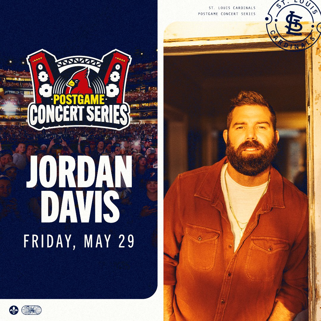 Cardinals's tweet photo. Just announced: Country music star Jordan Davis will perform at Busch Stadium on Friday, May 29 following the Cardinals-Cubs game! 🎸

Your game ticket is your concert ticket, no extra purchase needed!

Learn more at https://t.co/gHzhs0fvuU https://t.co/FggcBZFROw
