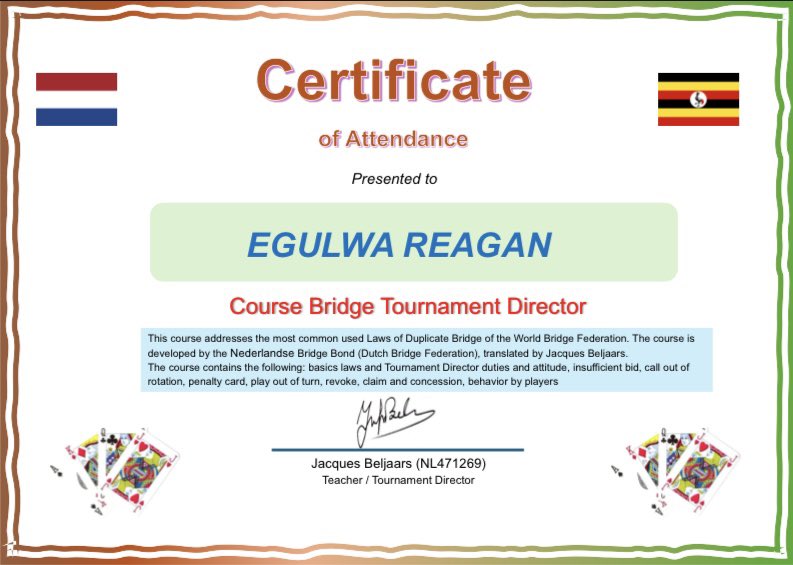 Many thanks for equipping Uganda with the Basic necessary technical Director information . Uganda Bridge federation keeps open to such courses aimed at improving the technical aspects of Bridge in Uganda. 

<a href="/WorldBridge/">WorldBridge Media</a> World Bridge Federation - Youth
