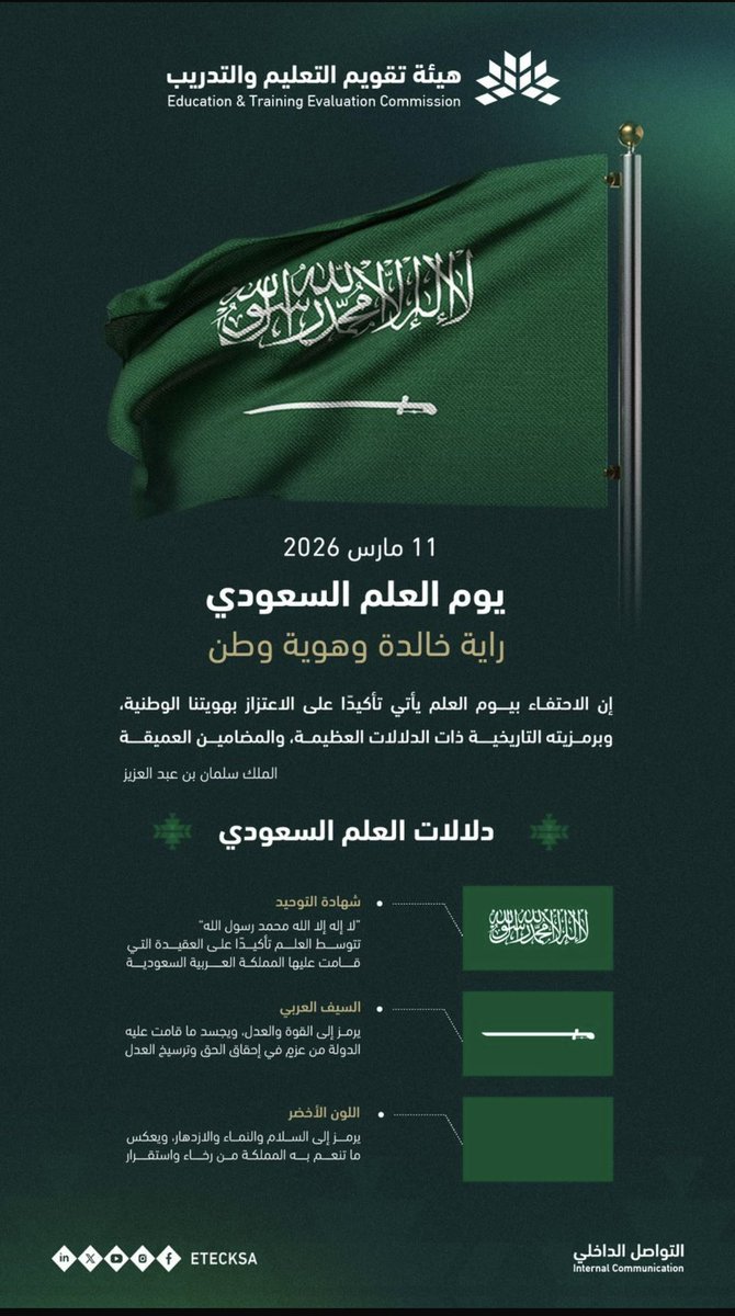 يوم علم بلادنا المملكة العربية السعودية هو يوم تجسيد لوحدتنا وفخرنا بهويتنا. 

اللهم احفظ رايتنا خفاقة، واحفظ بلادنا في هذا الشهر الفضيل من كل سوء، وادم علينا نعمة الأمن والأمان، ووفّق قيادتنا وبارك لهم ، وأدم علينا الأمن والاستقرار والازدهار 🇸🇦 #يوم_العلم_السعودي