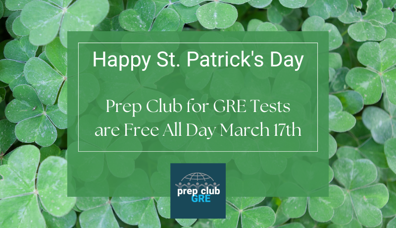 GREPrepClub's tweet photo. All Prep Club for GRE Tests are free and open in Celebration of St. Patrick's Day, on Monday, March 17th.  
Prep Club for #GRE Tests will be  Free! Including all the Quizzes &amp; Questions. 12 AM - 11:59 PM PST https://t.co/0HY2vN3mJq #GREGeneralTest #HigherEd #GREPrepClub https://t.co/8kVGASsobl