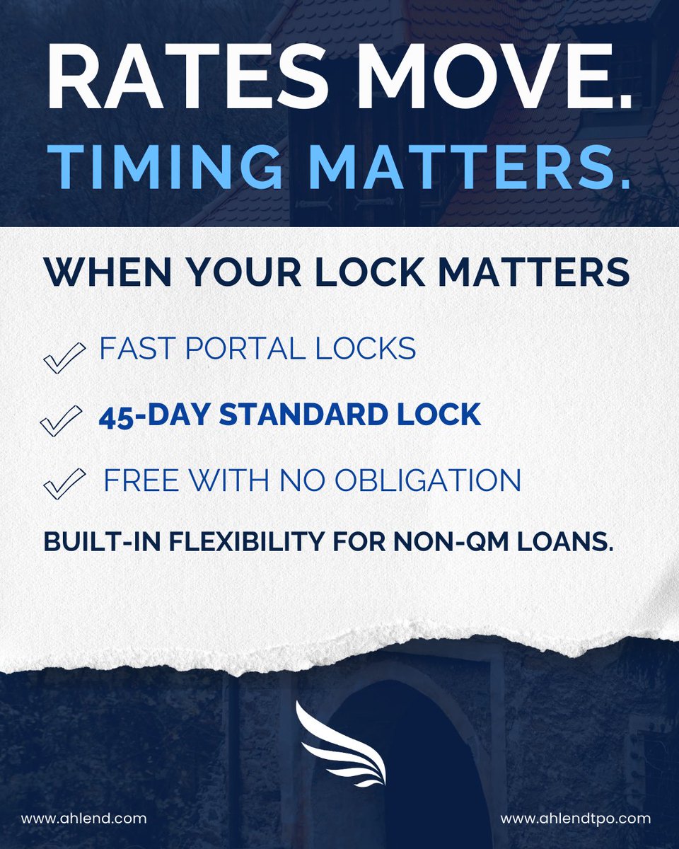 AH_Lending's tweet image. 𝗥𝗮𝘁𝗲𝘀 𝗠𝗼𝘃𝗲 𝗙𝗮𝘀𝘁. 𝗖𝗲𝗿𝘁𝗮𝗶𝗻𝘁𝘆 𝗠𝗮𝘁𝘁𝗲𝗿𝘀. 
Because protecting the rate shouldn’t come with uncertainty.
 
#NonQM #MortgageBrokers #RateLock #LoanOfficers #WholesaleLending #MortgageIndustry #AmericnaHeritageLending #AHL #LockYourRate