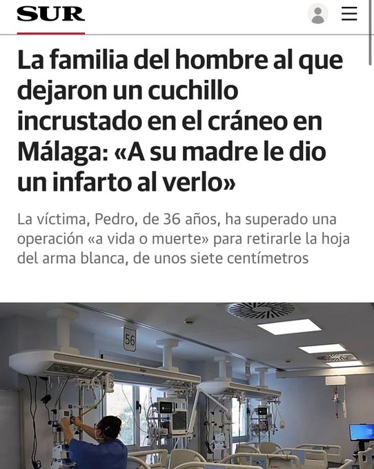 Un español en coma tras ser atacado por un inmigrante con un cuchillo.  
Su madre en la UCI porque le dio un infarto al ver a su hijo con el cuchillo clavado en el cráneo.  El autor de esta tragedia: un nigeriano que jamás debería haber pisado España.