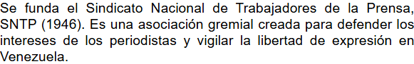 cayodruso's tweet image. #SNTP
Se funda el Sindicato Nacional de Trabajadores de la Prensa, SNTP (1946). Es una asociación gremial creada para defender los intereses de los periodistas y vigilar la libertad de expresión en Venezuela.
Fuente: actualidad-24.com actualidad-24.com/2024/07/efemer…