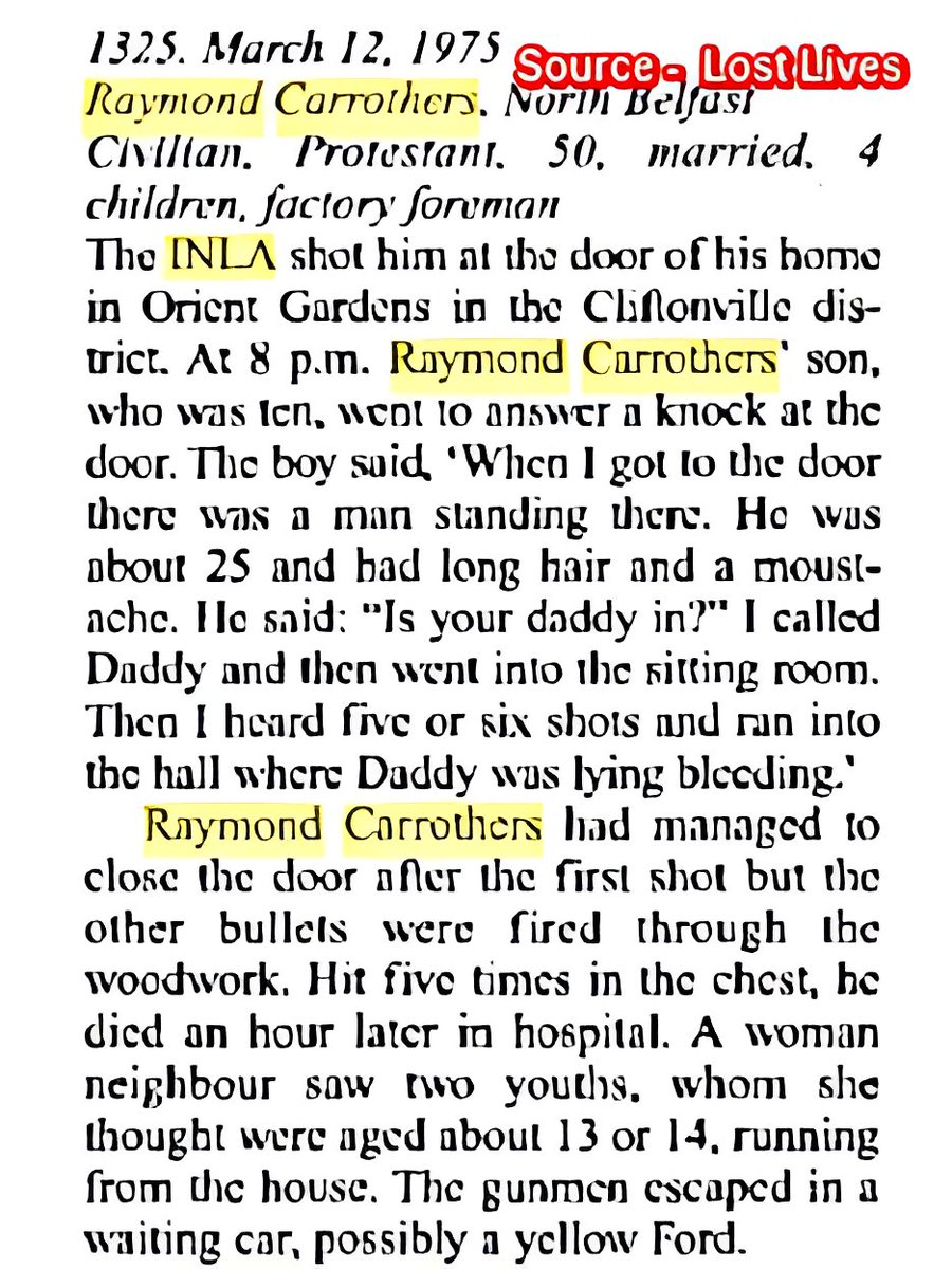 Hannyhas's tweet image. #Remembered 12/3/1975, Raymond Carrothers, 50, Protestant. Married father. Foreman engineer shot 8pm, thought sectarian revenge by INLA terrorists at his home, Orient Gardens, Cliftonville Rd, N Belfast #OTD. "I ran to the hall where Daddy was lying bleeding"-son (10) Unclaimed.