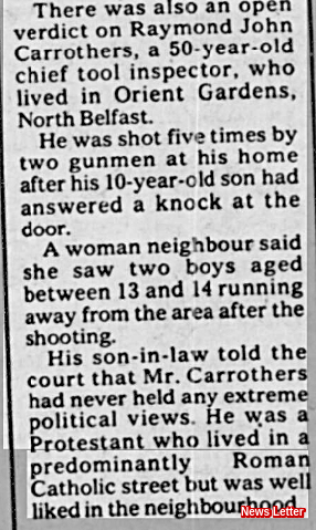 Hannyhas's tweet image. #Remembered 12/3/1975, Raymond Carrothers, 50, Protestant. Married father. Foreman engineer shot 8pm, thought sectarian revenge by INLA terrorists at his home, Orient Gardens, Cliftonville Rd, N Belfast #OTD. "I ran to the hall where Daddy was lying bleeding"-son (10) Unclaimed.