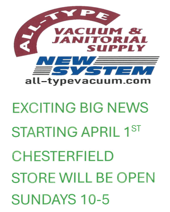 AllTypeVacuum's tweet photo. Take advantage of the 📣NEW HOURS📣 at our Chesterfield location.  We hope this will make service and shopping with us easy and convenient! https://t.co/cRwx6EO3mU