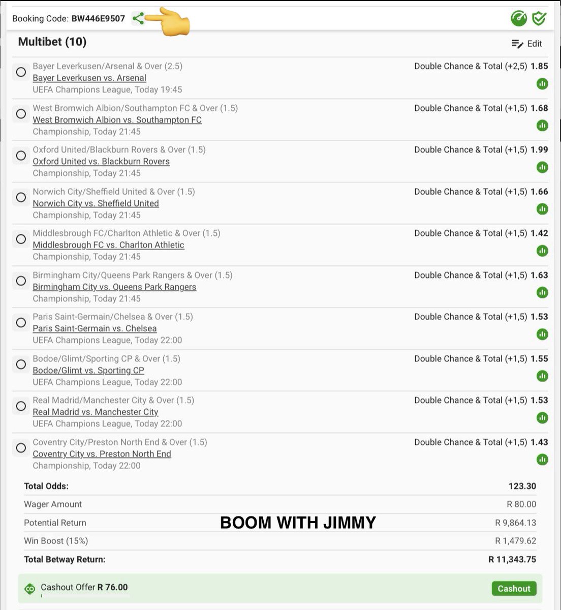 DOUBLE CHANCES⚽️⚽️⚽️⚽️

⏰𝐊𝐢𝐜𝐤-𝐨𝐟𝐟: 19:45
🎟️𝐁𝐨𝐨𝐤𝐢𝐧𝐠 𝐂𝐨𝐝𝐞: BW446E9507

🛜𝙍𝙚𝙜𝙞𝙨𝙩𝙚𝙧/𝙎𝙞𝙜𝙣 𝙪𝙥 𝙝𝙚𝙧𝙚: bit.ly/Jimmy_50

𝐒𝐢𝐠𝐧 𝐔𝐩 𝐂𝐨𝐝𝐞: Jimmy50

🔗𝐁𝐞𝐭𝐬𝐥𝐢𝐩 𝐋𝐢𝐧𝐤: new.betway.co.za/book-a-bet-res…

🔞+|𝕋&amp;ℂ'𝕤 𝕒𝕡𝕡𝕝𝕪