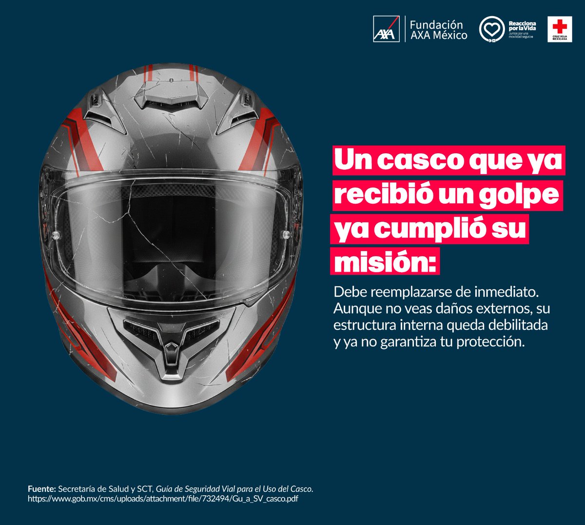 #SabíasQue aunque no veas daños externos, después de recibir un golpe, tu CASCO necesita ser reemplazado porque ya no garantiza tu protección. 

#ReaccionaXLaVida