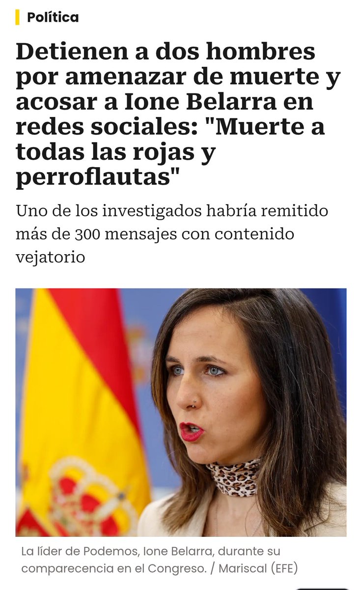 Hoy han detenido a 2 fascistas por amenazar de muerte a <a href="/ionebelarra/">Ione Belarra</a> Le escribieron más 300 mensajes de acoso ultraderechista: "Muerte a todas las rojas y perroflautas. El día que te veamos por Madrid te metemos un tiro en la cabeza, feminazi y comunista de mierda".