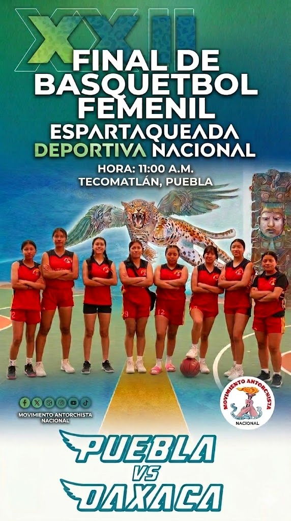 🏀 Gran Final de Basquetbol Femenil
XXII Espartaqueada Deportiva Nacional
Puebla 🆚 Oaxaca
🕚 11:00 a.m.
📍 Tecomatlán, Puebla

La emoción del deporte del pueblo llega a la final.
¡No te lo pierdas! 🔥
#EspartaqueadaDeportiva #AntorchaEsDeporte
