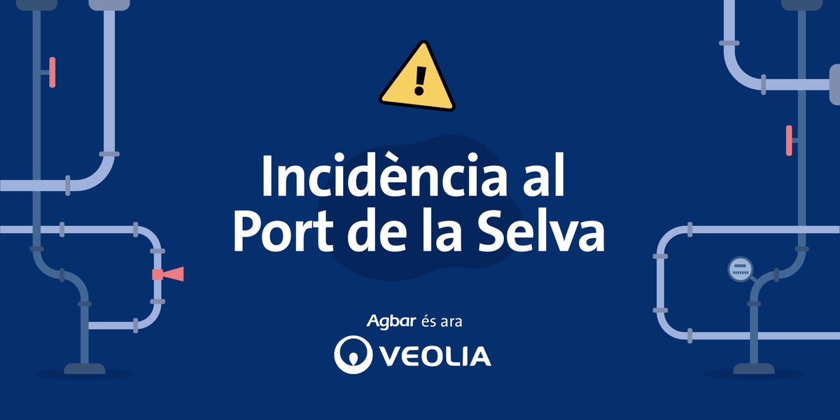 Veolia_Cat's tweet photo. ⚠️Incidència a #PortdelaSelva: 

🚱 Informem que per causes alienes a la nostra companyia s'ha hagut d'interrompre el subministrament d'aigua.

📍Afectació: tot el municipi.
🕖 Previsió de restabliment del servei a les 19 h. 

Lamentem les molèsties ocasionades. https://t.co/WAM5GA7UgP