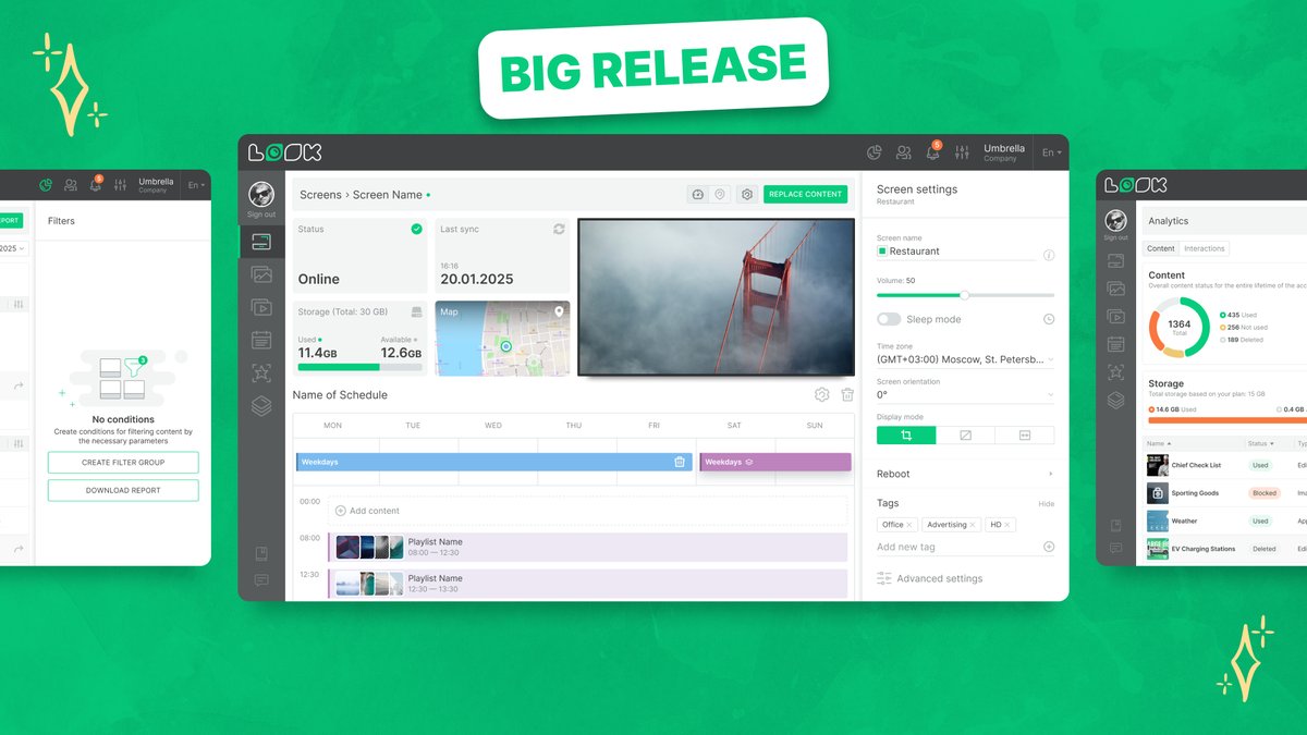 Following our recent major update, take a look at how clean and convenient the Screen Details page in Look CMS now looks: 
📺 A live preview of what’s currently playing on your screen
⚙️ A customizable block of screen statuses and settings
🧩 More flexible content assignment