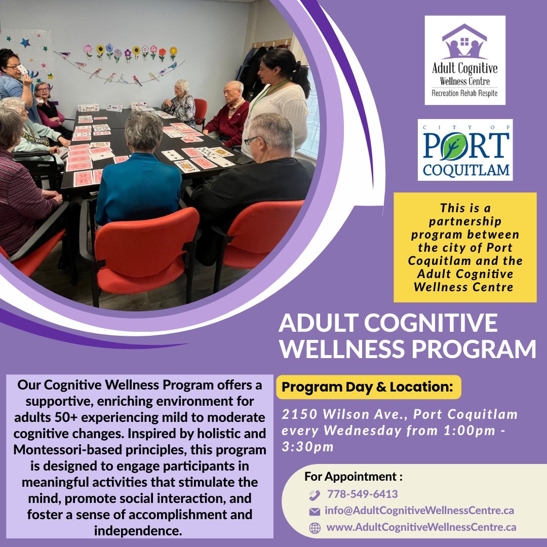 𝐂𝐚𝐥𝐥 𝟕𝟕𝟖-𝟓𝟒𝟗 - 𝟔𝟒𝟏𝟑 𝐨𝐫 𝐞𝐦𝐚𝐢𝐥 𝐢𝐧𝐟𝐨@𝐀𝐝𝐮𝐥𝐭𝐂𝐨𝐠𝐧𝐢𝐭𝐢𝐯𝐞𝐖𝐞𝐥𝐥𝐧𝐞𝐬𝐬𝐂𝐞𝐧𝐭𝐫𝐞.ca
AdultCognitiveWellnessCentre.ca

#dementiacentrewithoutwalls #adultdayprogram   #coquitlam #cognitivewellnessprogram #portcoquitlam #dementiafriendlydayprogram