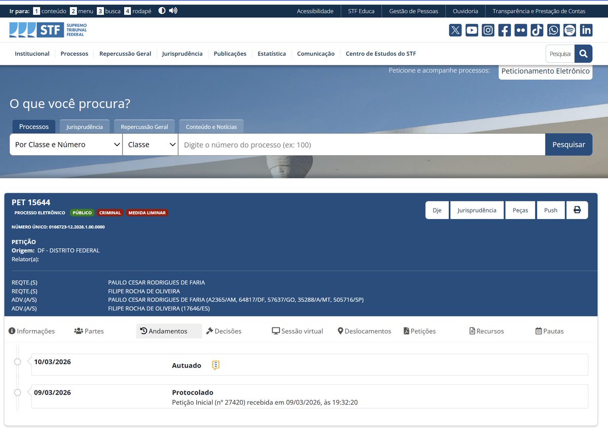 Quem quiser acompanhar o pedido de AFASTAMENTO e PRISÃO PREVENTIVA de Moraes, apresentado pelos advogados Paulo Faria e Filipe Oliveira, eis a PET 15.644 aguardando relator...

portal.stf.jus.br/processos/deta…

Vamos ver o que Fachin vai fazer, pois a petição foi dirigida ao PRESIDENTE DO