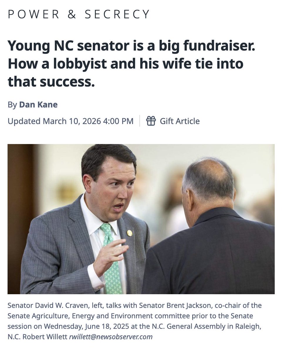 Big, deeply researched story here from the N&amp;O: Republican State Senator Dave Craven, at just 36, raised more than $1.3 million in campaign contributions last year. A lot of that total appears to have been bundled by Craven's friend Kevin Wilkinson, a college friend, who now