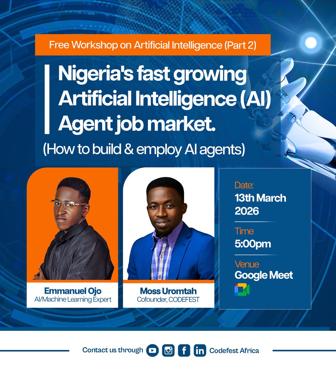 CodefestNGHack's tweet photo. AI Agents are creating new careers &amp; income streams — and you don't need a tech background to benefit.
Codefest Africa is hosting a FREE live workshop this Friday to show you how to get started. 13th March | ⏰ 5PM | 💻 Online
👉 https://t.co/6vCpDQVgvp
#AIAgents #CodefestAfrica https://t.co/5knxeMLwpZ