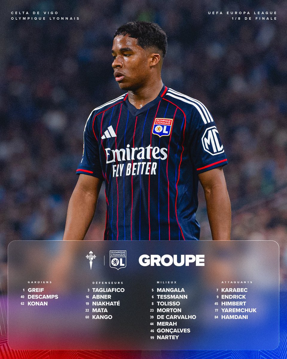 AndiOnrubia's tweet photo. La convocatoria del Olympique Lyonnais para afrontar la ida de los octavos de la Europa League en Vigo, con un sinfín de bajas importantes: 

❌Sulc
❌Moreira 
❌Kluivert 
❌Maitland-Niles 
❌Fofana 
❌Nuamah

Viaja sin lateral derecho porque Hateboer no está inscrito. https://t.co/soTBYcoBWg