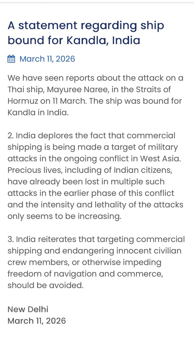 shivanipost's tweet image. India reacts to attack on #Thai cargo ship Mayuree Naree bound for #Kandla. MEA says, “India deplores targeting of commercial shipping amid the ongoing West Asia conflict, warning that innocent civilian lives including Indians have already been lost in earlier attacks.
New Delhi