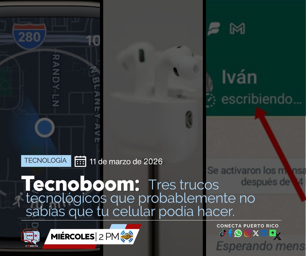 ConectaPR's tweet photo. 📱💡 En #TecnoBoom compartimos 3 trucos tecnológicos que pueden simplificar tu día a día:

🚗 Encontrar tu carro con iPhone o Apple Watch
📸 Tomar fotos usando AirPods
💬 Evitar que aparezca “escribiendo…” en WhatsApp
Lee el artículo aquí 👇
https://t.co/IZMxtLB7Va https://t.co/RTJoXvDILH