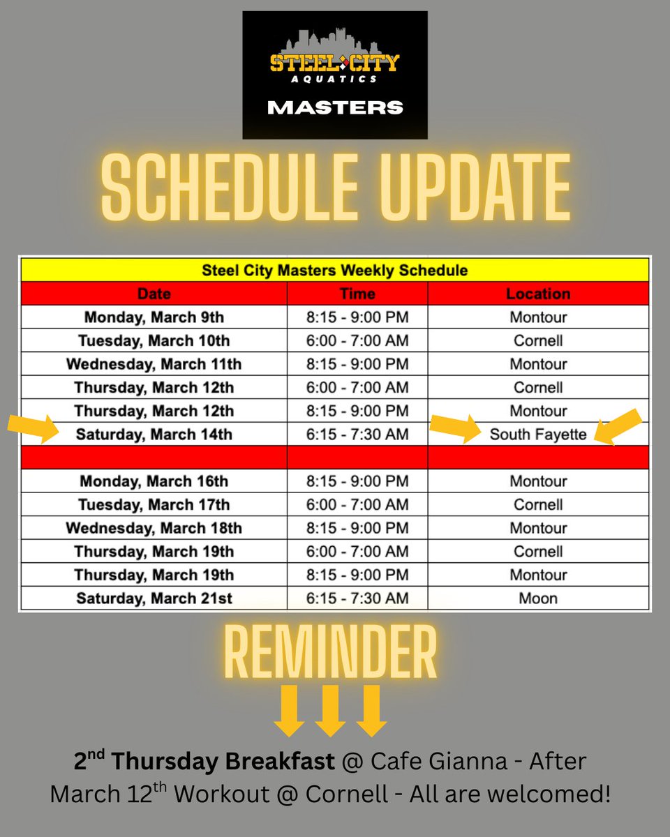 _STEELmasters's tweet photo. Week of March 9th SCHEDULE UDPATE!

Saturday's Practice at Moon will be moved to South Fayette.

Reminder that tomorrow morning in "2nd Thursday Breakfast" after Cornell Workout.

See you on the pool deck and then at Cafe Giannas!

@MastersSwimming 
@STEELaquatics https://t.co/Hc6Oe7Putg