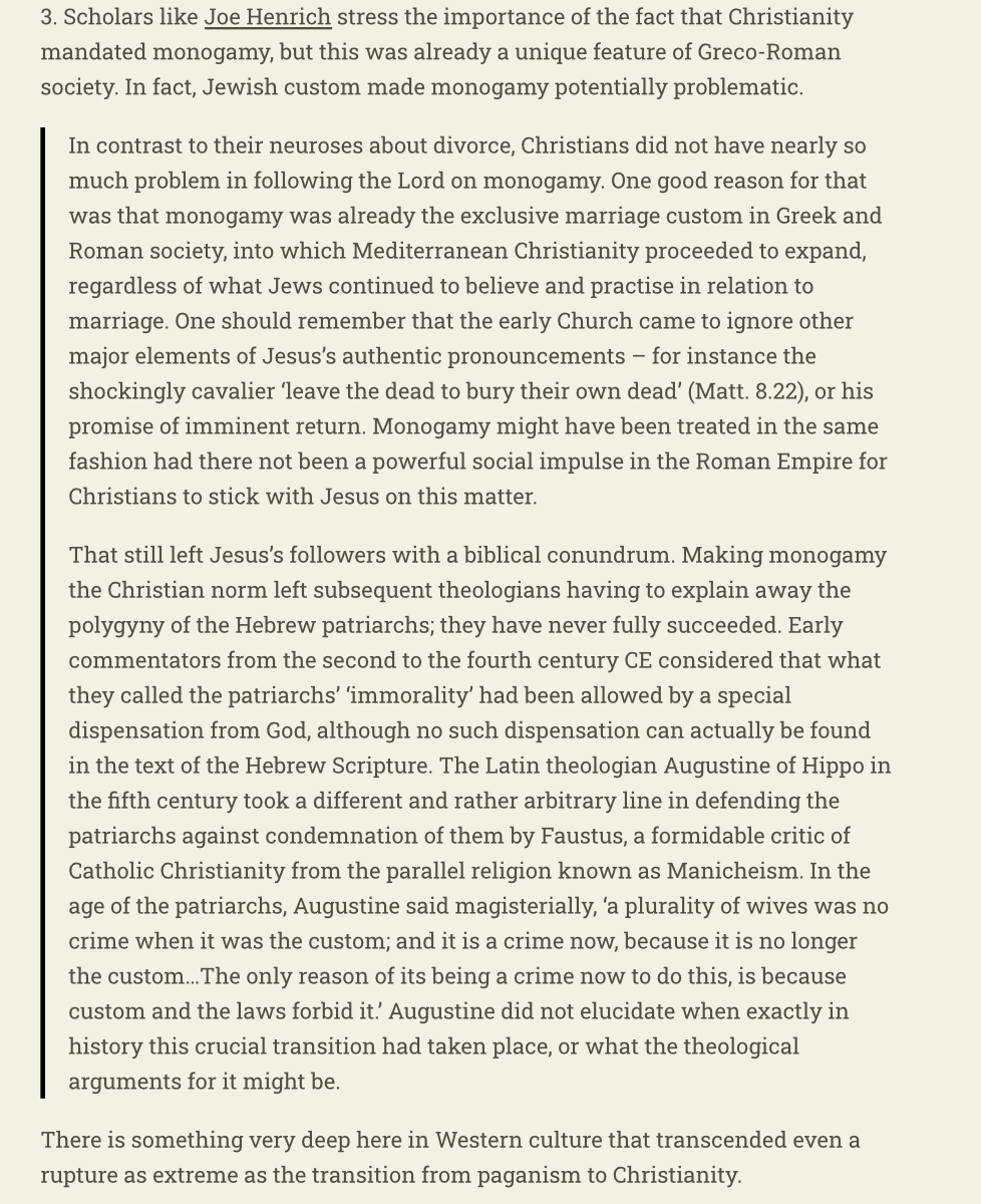 The story about Christianity having monogamy, and that making the West, has a problem. The norm in the Greco-Roman world was already monogamy. This is a feature of Europe that goes back further than Christianity. richardhanania.com/p/was-christia…