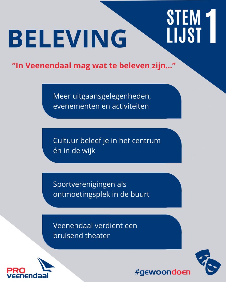Beleving in Veenendaal gaat over plekken waar mensen elkaar ontmoeten, sporten, wandelen en activiteiten bezoeken. 

Wil je meer lezen over onze visie? Bekijk dan nu ons verkiezingsprogramma! pro-veenendaal.nl/wp-content/upl…