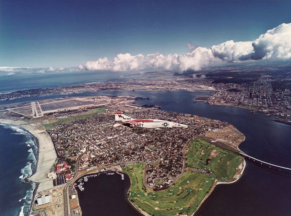 US Navy VF-51 F-4B Phantom over Coronado Island in San Diego.