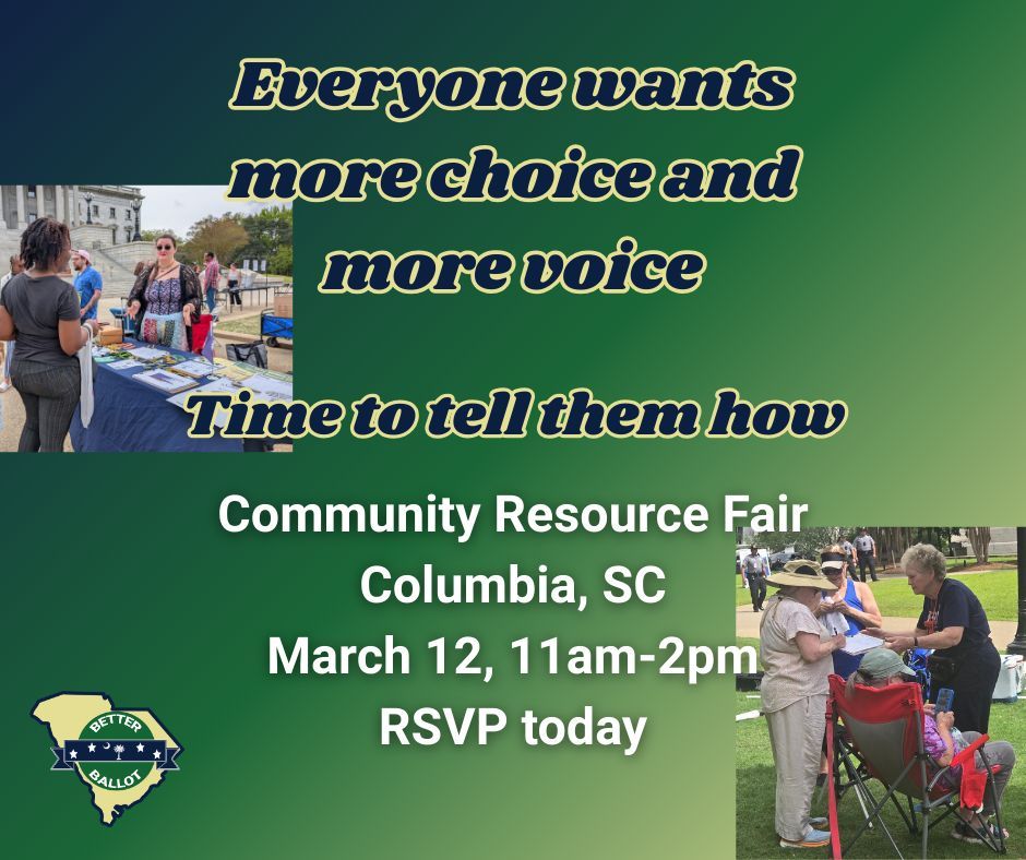 betterballotsc's tweet photo. Let's get to the community level and spread the message of #MoreChoiceMoreVoice. This fair in Columbia is a great place to reach people we might not otherwise reach.

RSVP today: https://t.co/mGO0pOYPj6 

#InstantRunoffVoting #RankedChoiceVoting #BridgeBuildersNotBridgeBurners https://t.co/HGUGwMfYKN