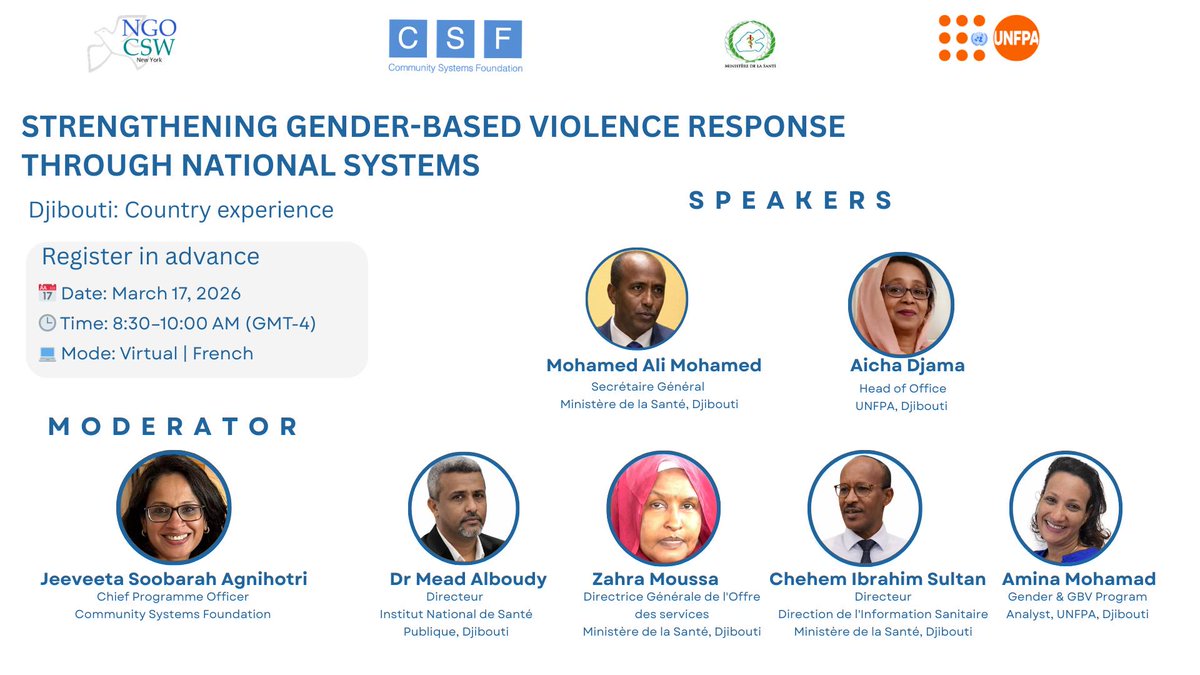 Unfpa_Djibouti's tweet photo. 📢 CSF & @UNFPA Djibouti vous invitent à l’événement parallèle #NGOCSW69 sur le renforcement de la réponse aux #VBG à travers les systèmes nationaux.
🗓 17 mars 2026
⏰ 15h30–17h00
🌐 En ligne | Français
🔗 https://t.co/jLg2tXU5zO
📊 Les sondages ouvrent demain !
@UNDjibouti @ https://t.co/kOzyy7t7F1