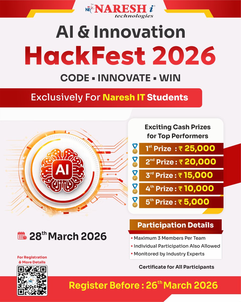 nareshitech's tweet photo. 🚀 AI &amp; Innovation HackFest 2026

👉 Register Now: : https://t.co/tLTJ8P4zec

📆 Date: 28th March 2026
⏳ Last Date to Register: 26th March 2026

#HackFest2026 #AIHackathon #ArtificialIntelligence #Innovation #NareshIT #TechHackathon #AIInnovation https://t.co/q5pWP7eKWz