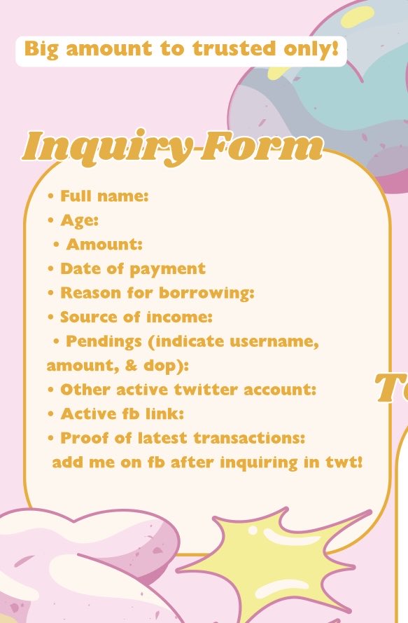 ms_ona_'s tweet photo. pautang service: will OPEN MARCH SLOTS!
☁️send inquiry form
☁️0-2k to new; 0-3k sa may SOI
☁️1-9 days dop (prio short dop)(flexi trusted)
5 smooth transaction=trusted
lying =pass; no inquiry form= ignored
t. payo utang loan pahiram lending lend debtor lender gcash payo borrow bns https://t.co/ssC4y2K9M8