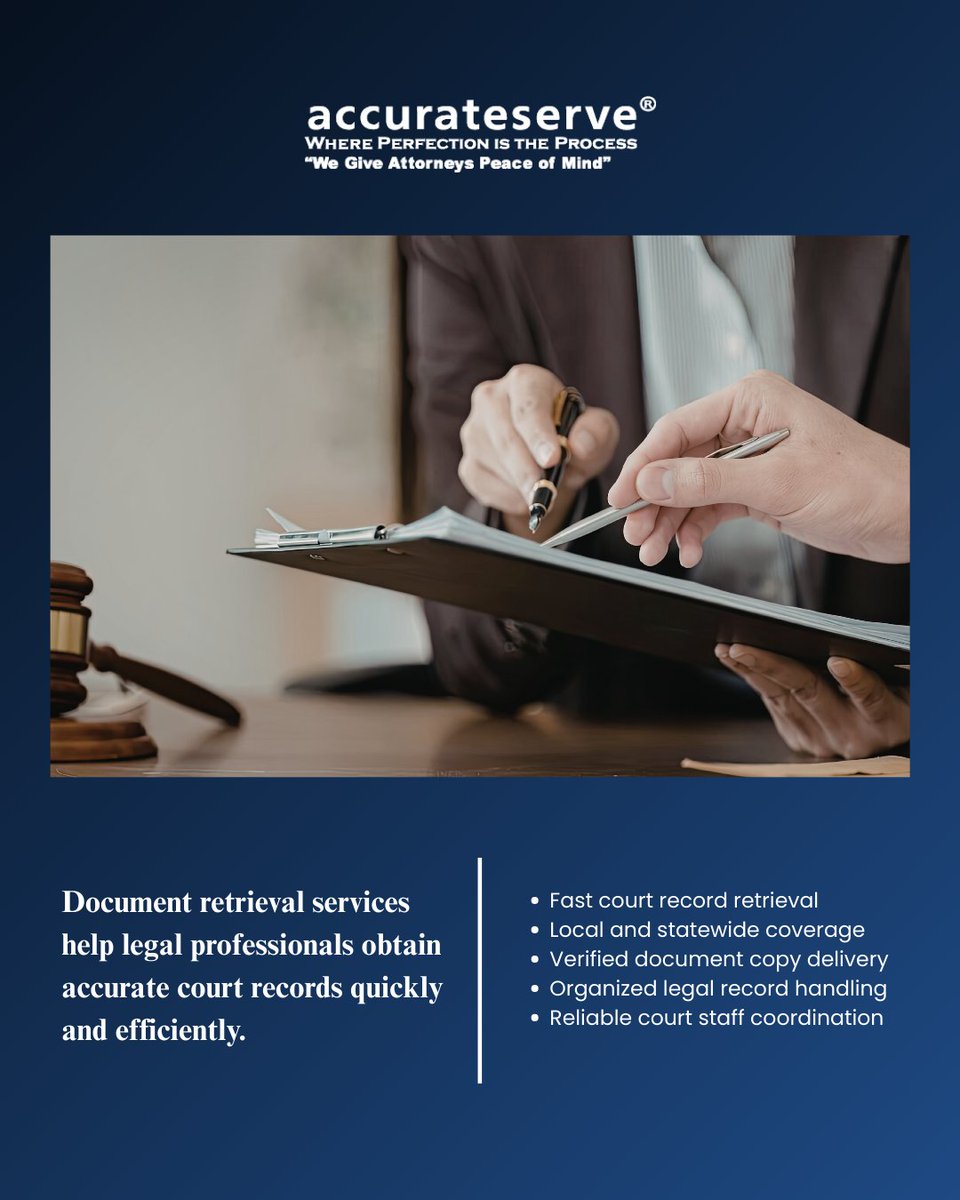 AccurateServe's tweet image. Court deadlines are critical, and proper documentation is essential. Our Document Retrieval services help legal professionals obtain court records and important filings promptly and accurately.
#DocumentRetrieval #LegalSupportServices #TampaLaw #FloridaCourts #AccurateServe