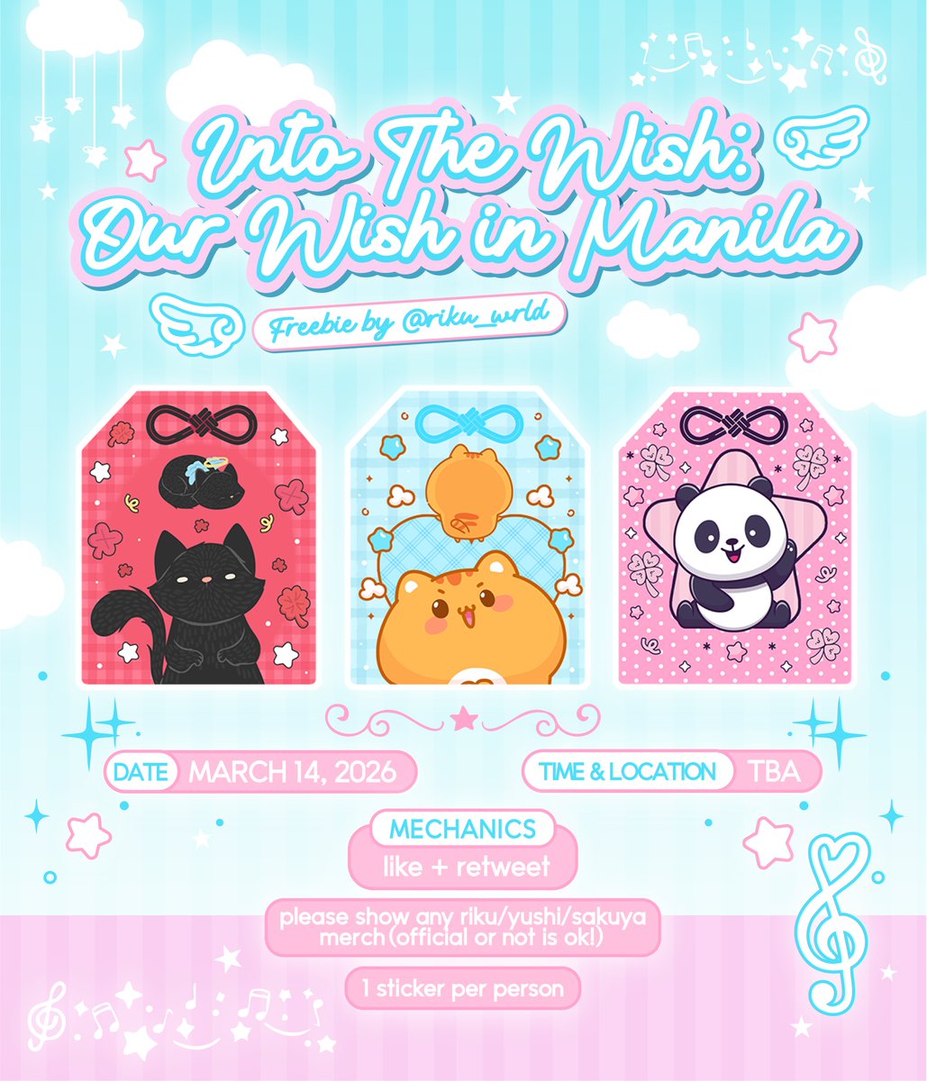 into the wish: our wish in manila freebies🌟

idk if anyone here still knows me ahaha but i'm giving away some stickers on d-day! 

⟢ like + rt
⟢  just show me any riku/yushi/saku merch to claim hehe
⟢ time &amp; loc: march 14, time tba

hope to see yall there!! 😊