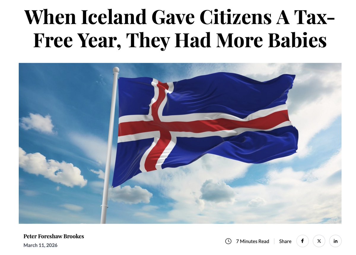 FamStudies's tweet photo. When Iceland increased the “opportunity cost” of fertility by increasing returns to work, fertility rose. Peter Foreshaw Brookes of @Centre4FE reports on his new study

Read more here: https://t.co/NFNnS7MFie https://t.co/GFycHzEXOq